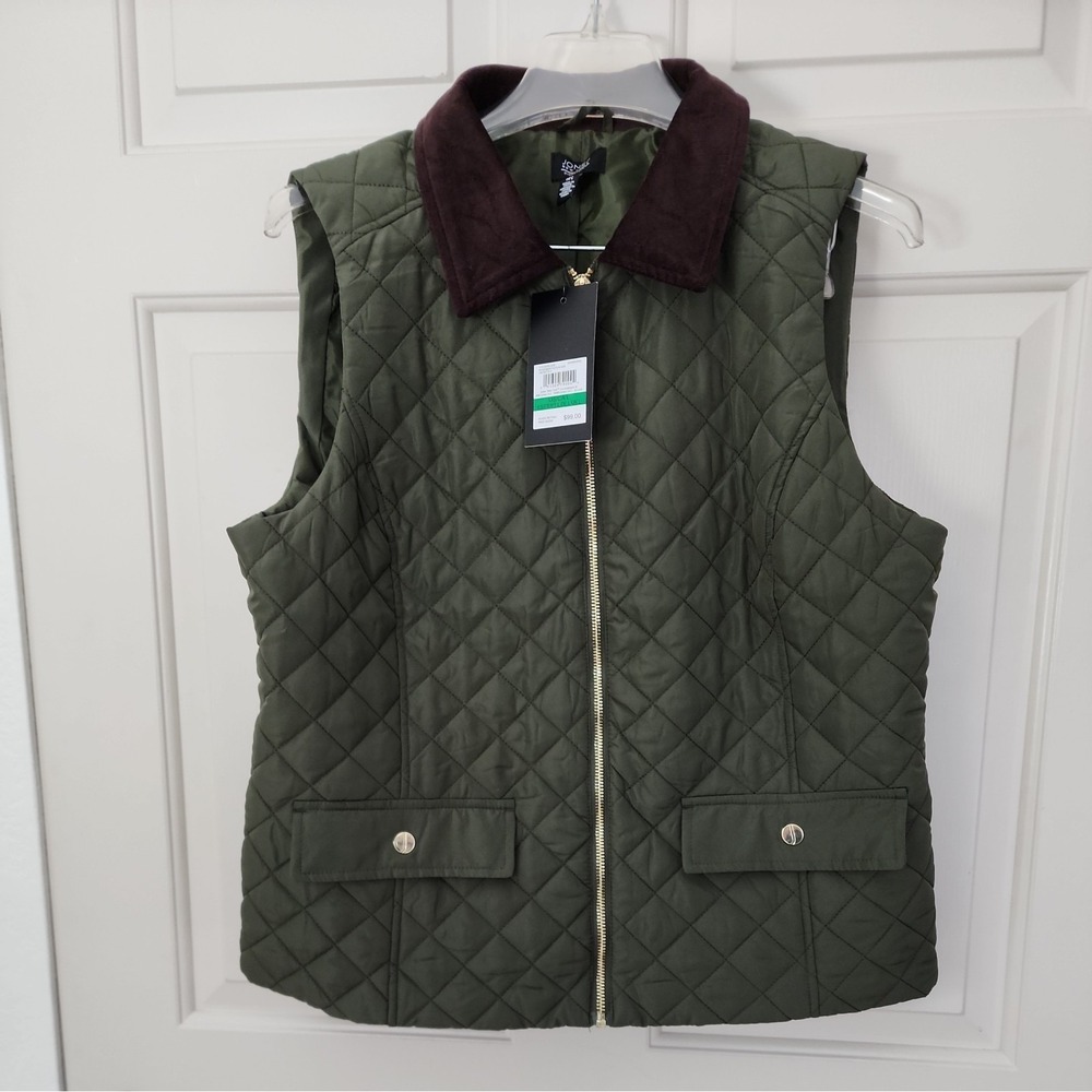 NWT New Jones New York  Women's Large Quilted Zip Up Vest Rosemary & Cola  Green